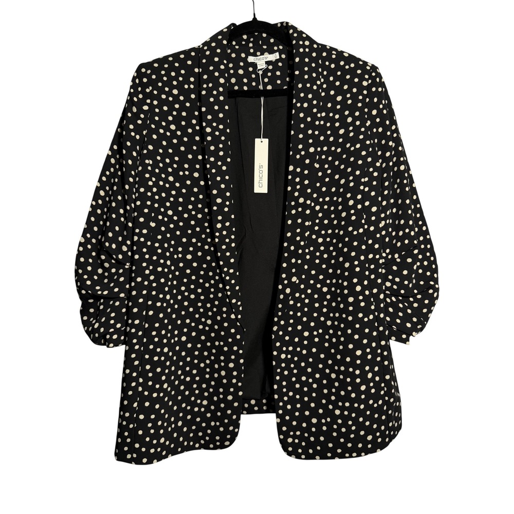 Chico's NWT Polka Dot Ruched Sleeve Blazer Open Front Black Cream Size 2 US 12